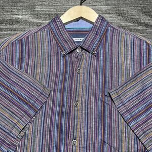 32 Bar Blues Shirt Men's XL Purple Striped Short Sleeve Button Down Linen